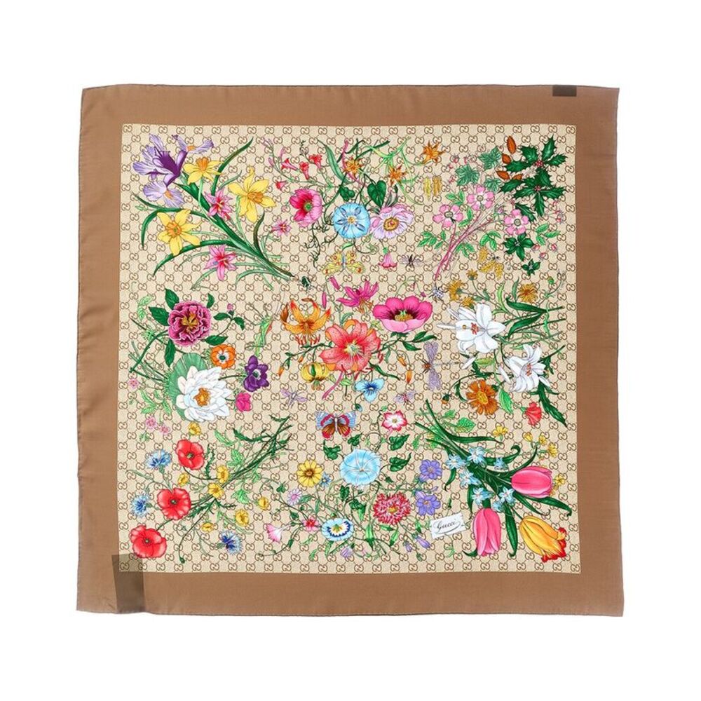Gucci Printed Gg Silk Twill Carre, Brown